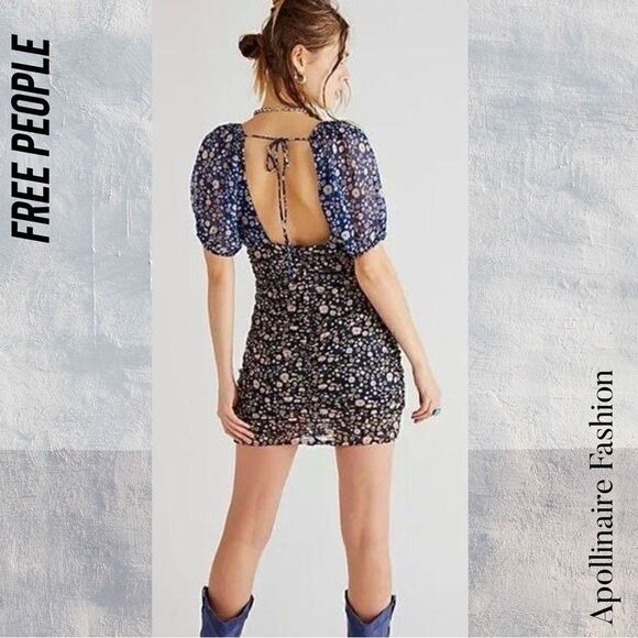 FREE PEOPLE TESSA RUCHED FLORAL PRINT MINI DRESS SMALL NEW BLUE COMBO - Picture 5 of 7
